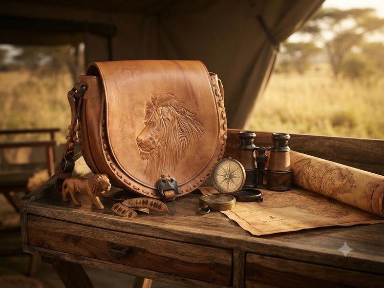 Vintage Lion Leather Bag, Hand Tooled Safari Crossbody Purse, African Western Shoulder Bag, Boho Leather Handbag, Lion Lover Gift