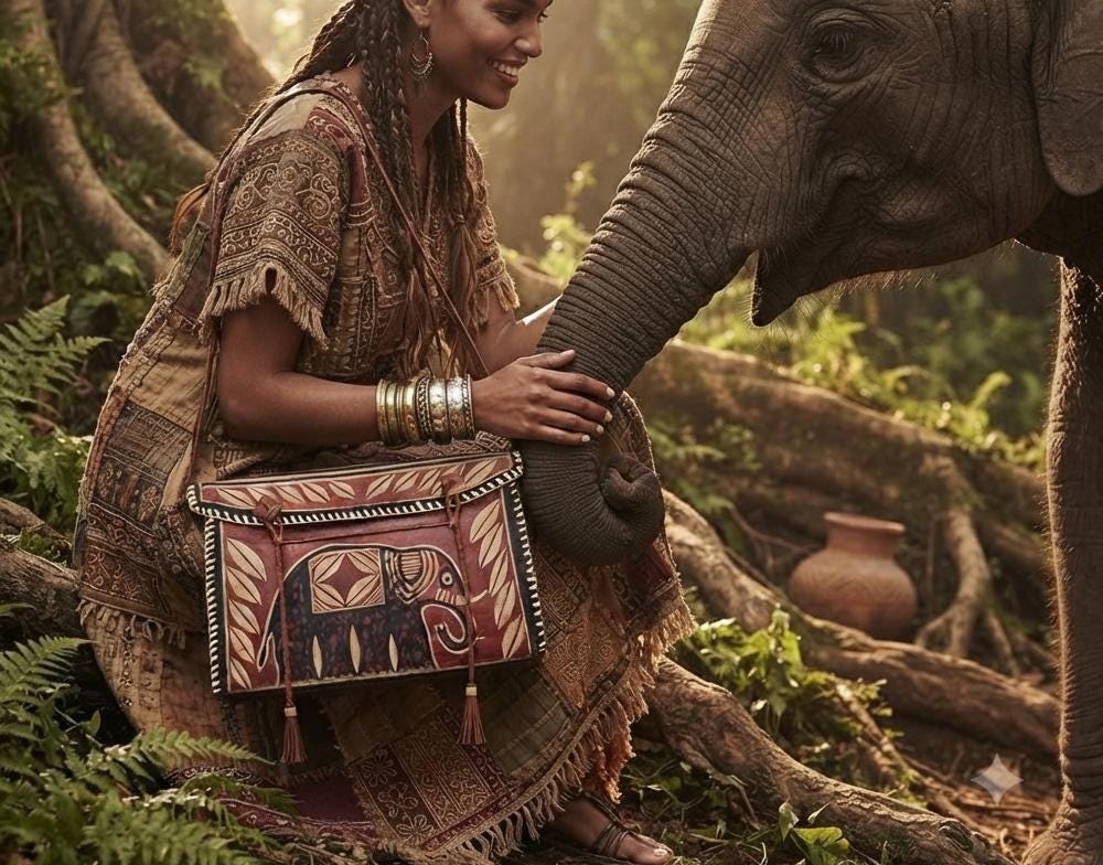 Unique African Elephant Leather Bag | Tooled Tribal Purse | Ethnic Crossbody Tote | Boho Safari Handbag | Vintage Leather Satchel