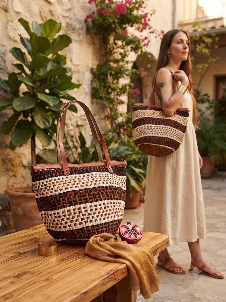 Large Woven Sisal Bucket Bag | African Leather Shopper | Boho Hippie Market Bag | Kenya Basket | Summer Beach Tote | Ethnic Handbag