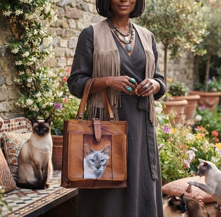 Hand-Painted Siamese Cat Leather Bag: 70s Vintage Tooled Hobo Purse