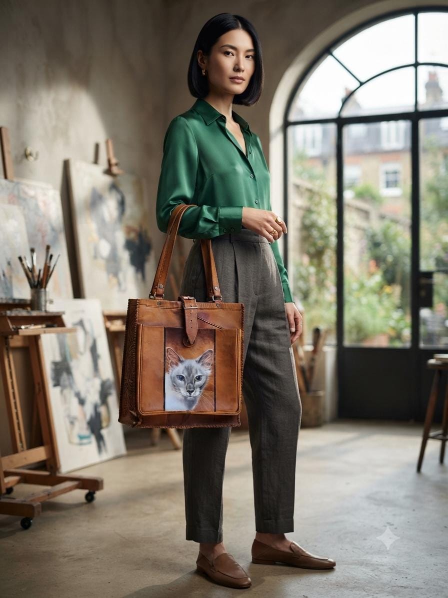 Hand-Painted Siamese Cat Leather Bag: 70s Vintage Tooled Hobo Purse