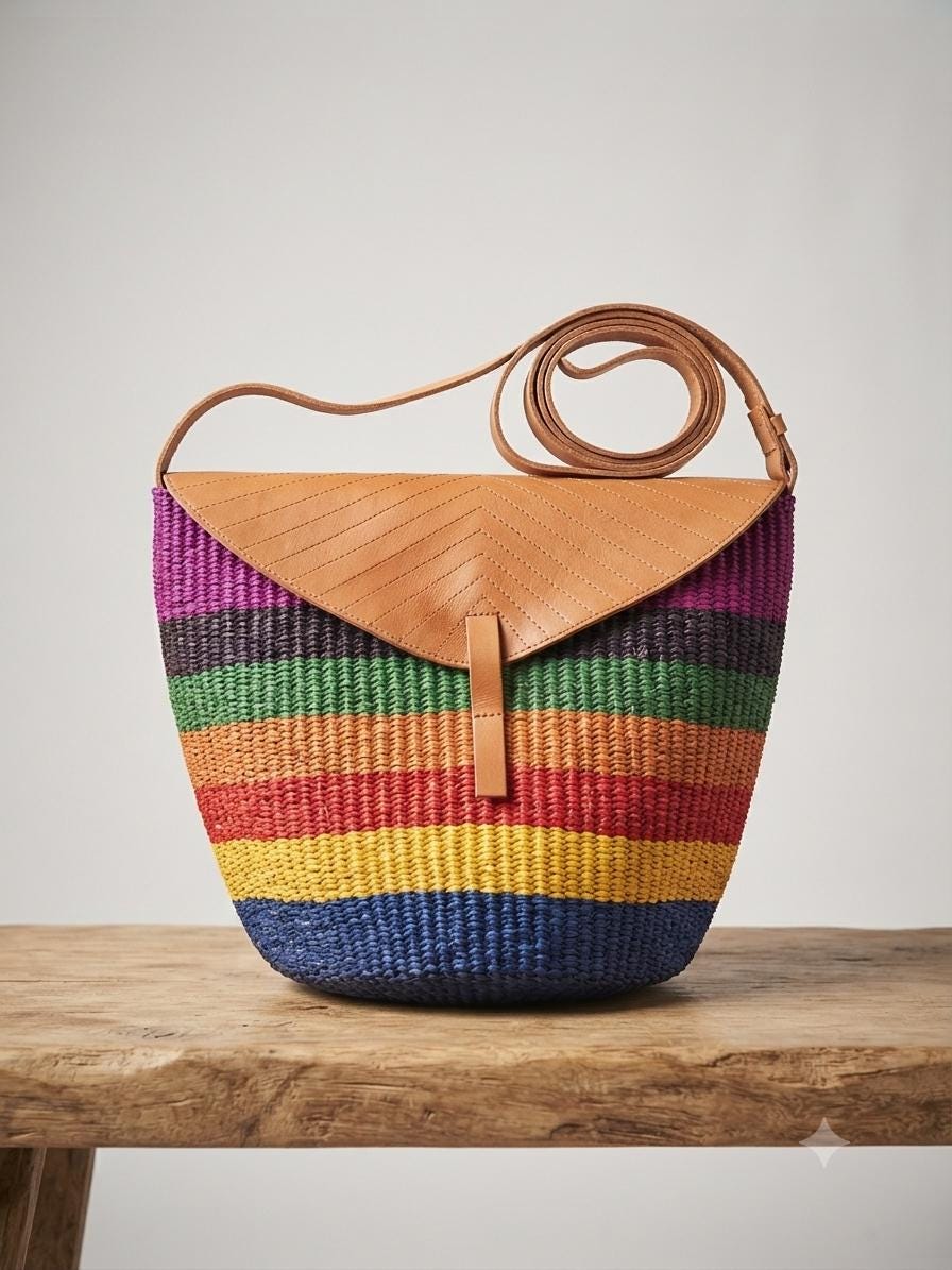 Rainbow Sisal Bucket Bag | Large Boho Beach Tote | Leather Crossbody Bag | 70s Hippie Purse | Woven Straw Festival Handbag | Summer Shopper