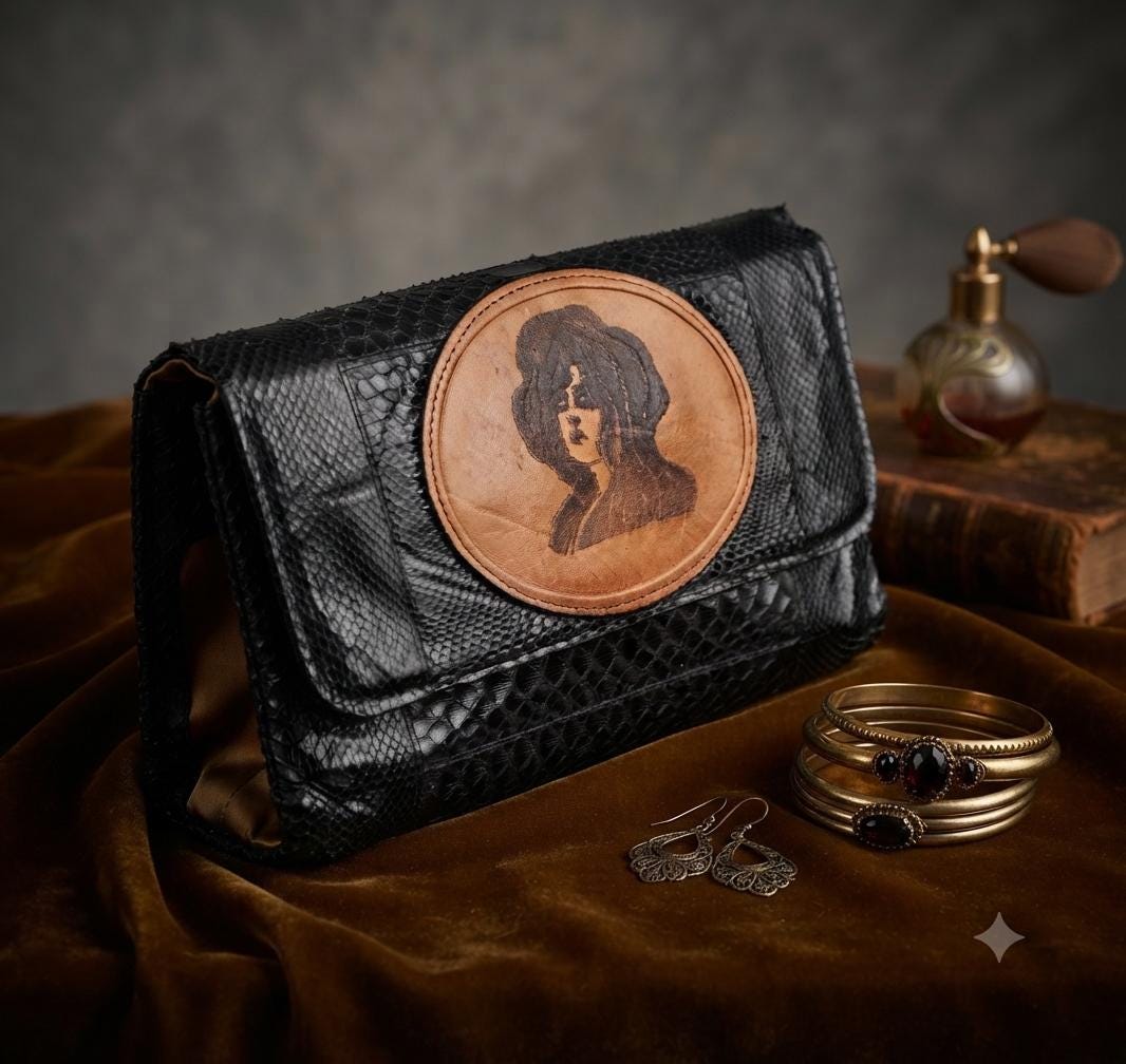 Art Nouveau Snake Leather Clutch Bag | Vintage Victorian Lady Hand Painted Purse | Gothic Boho Evening Bag | Unique Handmade Leather Bag