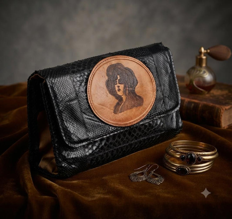 Art Nouveau Snake Leather Clutch Bag | Vintage Victorian Lady Hand Painted Purse | Gothic Boho Evening Bag | Unique Handmade Leather Bag