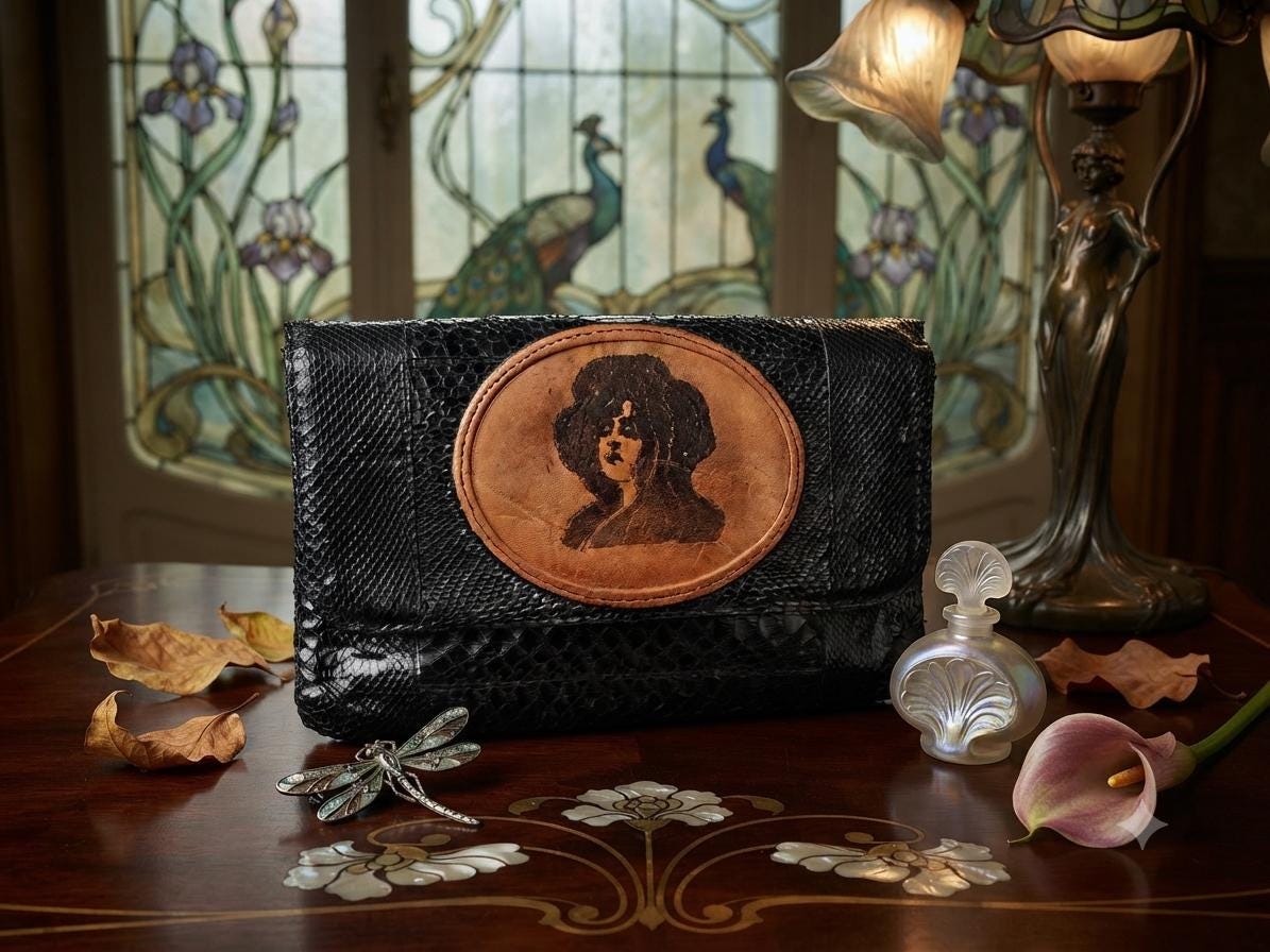 Art Nouveau Snake Leather Clutch Bag | Vintage Victorian Lady Hand Painted Purse | Gothic Boho Evening Bag | Unique Handmade Leather Bag