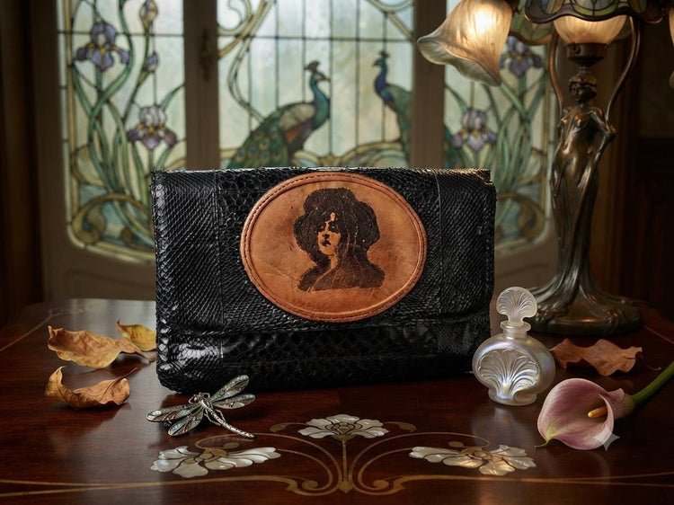 Art Nouveau Snake Leather Clutch Bag | Vintage Victorian Lady Hand Painted Purse | Gothic Boho Evening Bag | Unique Handmade Leather Bag