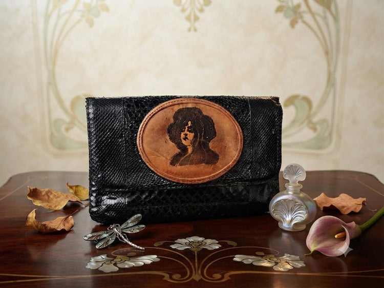 Art Nouveau Snake Leather Clutch Bag | Vintage Victorian Lady Hand Painted Purse | Gothic Boho Evening Bag | Unique Handmade Leather Bag