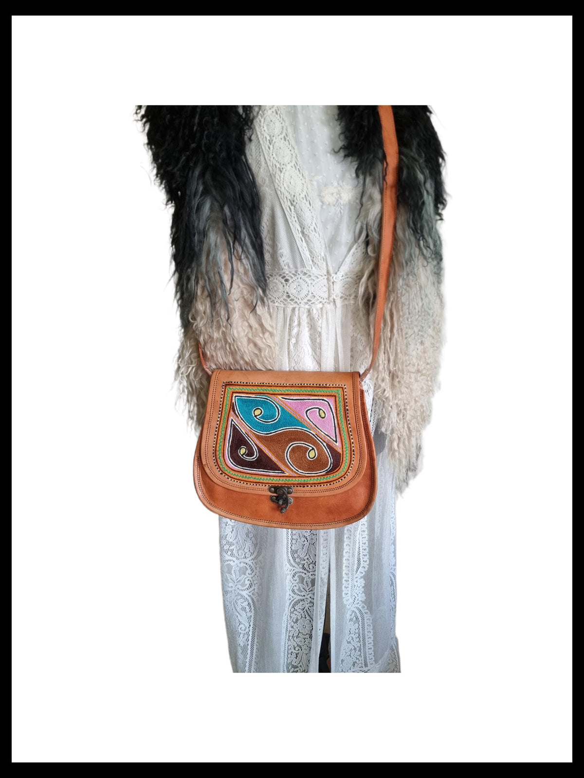 Boho Embroidered Leather Bag, Handmade Crossbody Saddle Bag, Festival Hippie Purse, Vintage Leather Shoulder Tote, Folk Embroidery Handbag