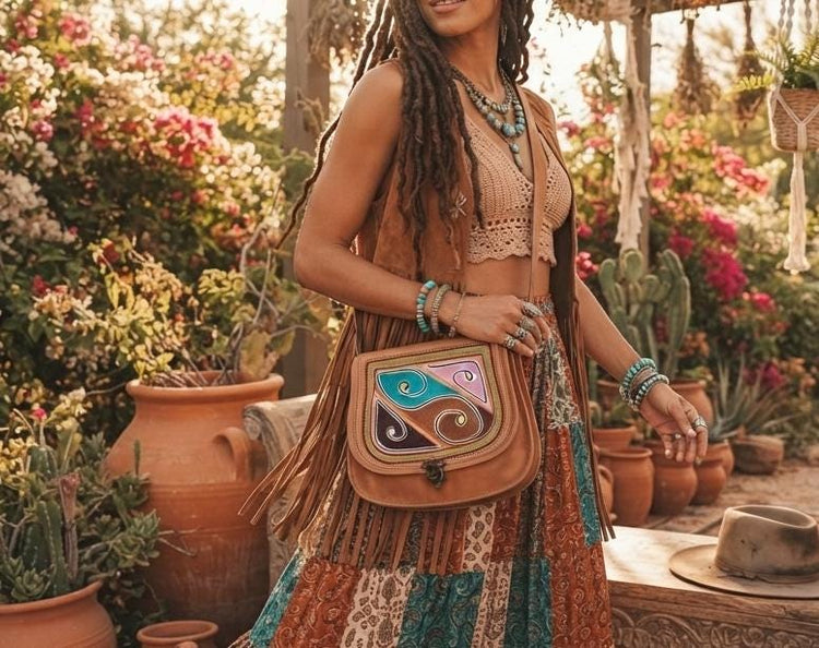 Boho Embroidered Leather Bag, Handmade Crossbody Saddle Bag, Festival Hippie Purse, Vintage Leather Shoulder Tote, Folk Embroidery Handbag