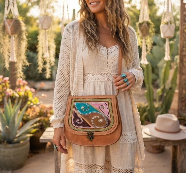 Boho Embroidered Leather Bag, Handmade Crossbody Saddle Bag, Festival Hippie Purse, Vintage Leather Shoulder Tote, Folk Embroidery Handbag