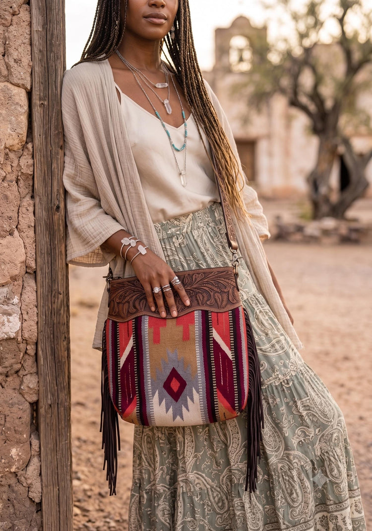 Handmade Aztec Carpet & Tooled Leather Tote Bag: Western Crossbody Purse