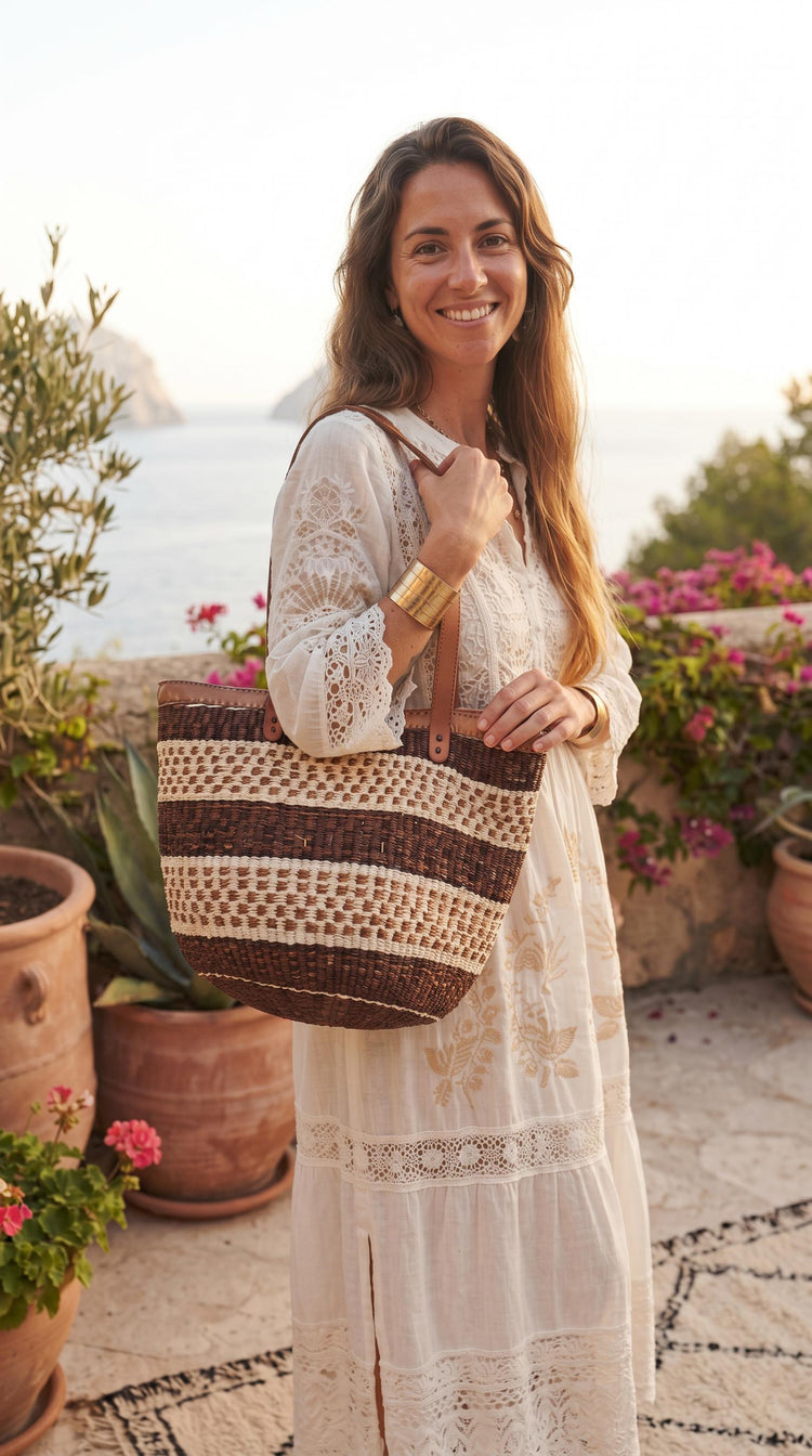 Large Woven Sisal Bucket Bag | African Leather Shopper | Boho Hippie Market Bag | Kenya Basket | Summer Beach Tote | Ethnic Handbag