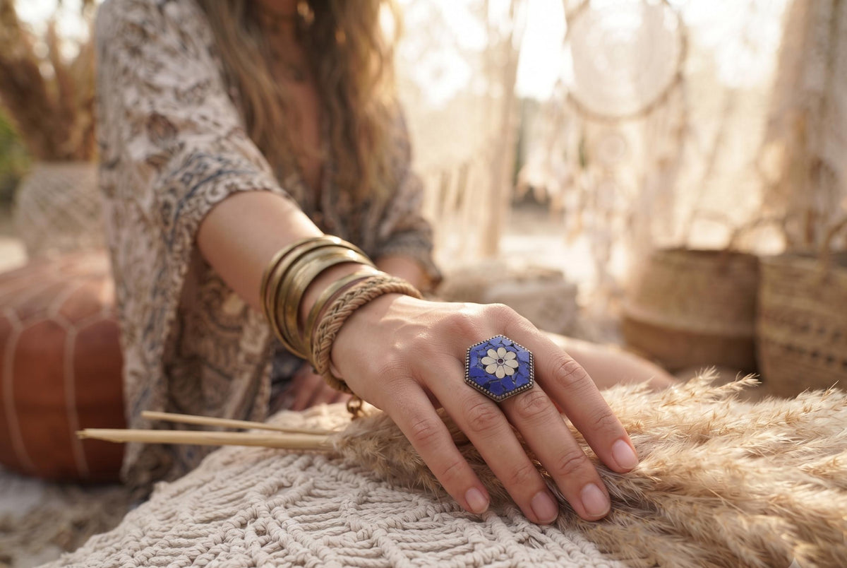 Tibetan Lapis Lazuli Mosaic Ring, Hexagon Statement Ring, Boho Brass Adjustable Ring, Nepali Inspired Jewelry, Gift for Her