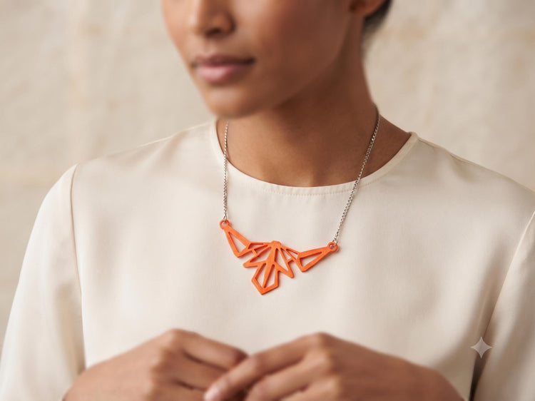 Neon Orange Enamel Triangle Necklace: Geometric Origami Pendant