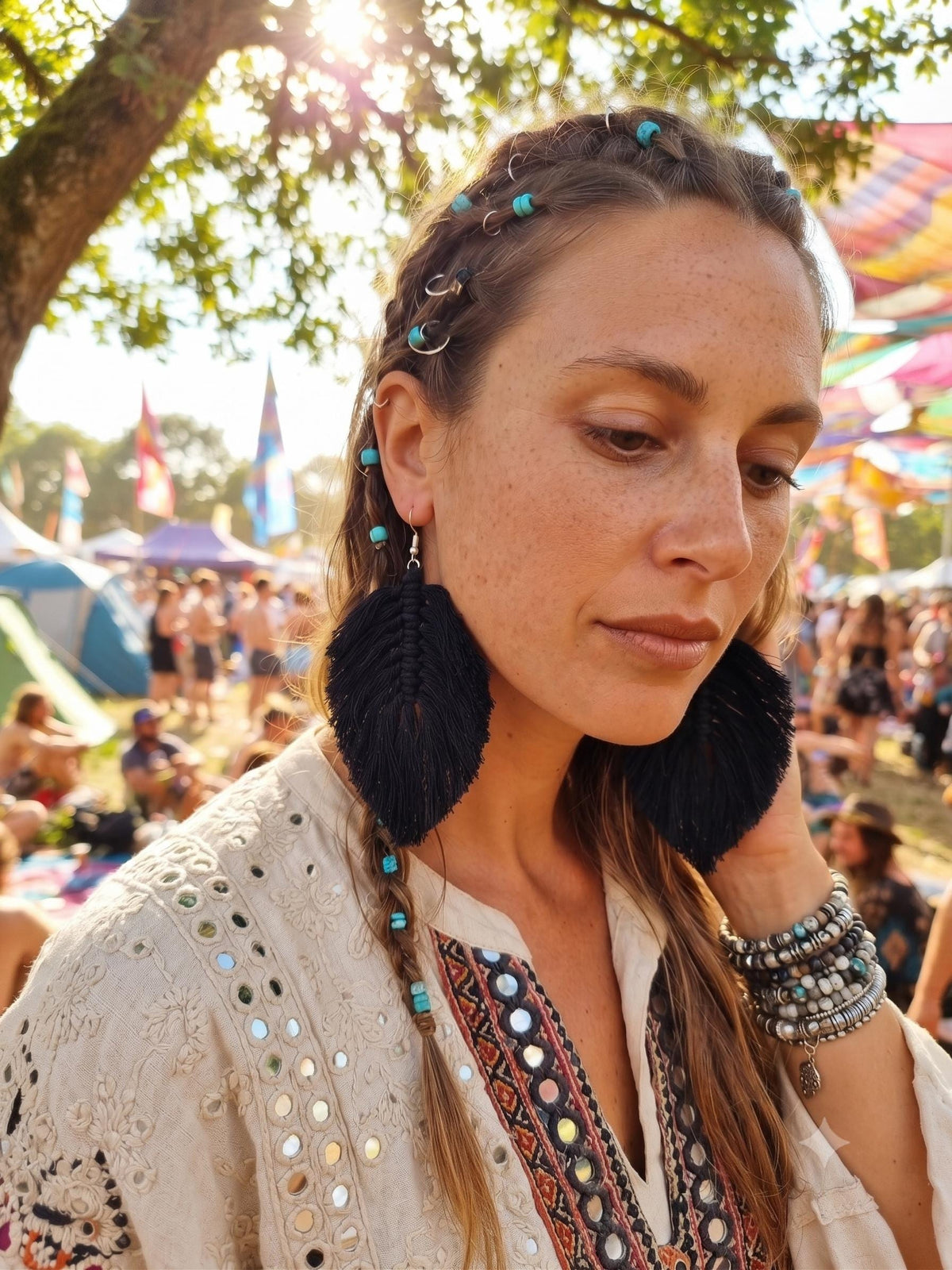 Hippie feather earrings, boho drop earrings macrame, large botanical leaf, summer festival accessories