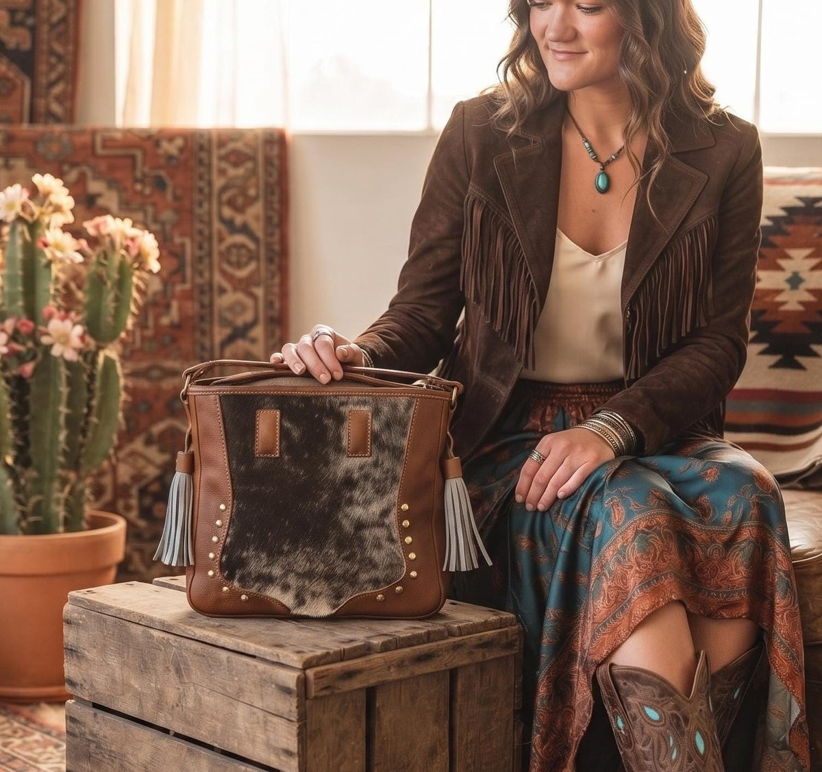 Cowhide Leather Crossbody Bag, Western Hair On Hide Purse, Boho Leather Satchel, Handmade Native Style Shoulder Tote
