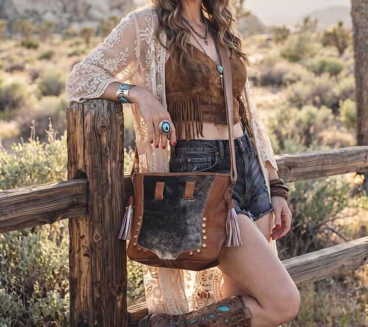 Cowhide Leather Crossbody Bag, Western Hair On Hide Purse, Boho Leather Satchel, Handmade Native Style Shoulder Tote