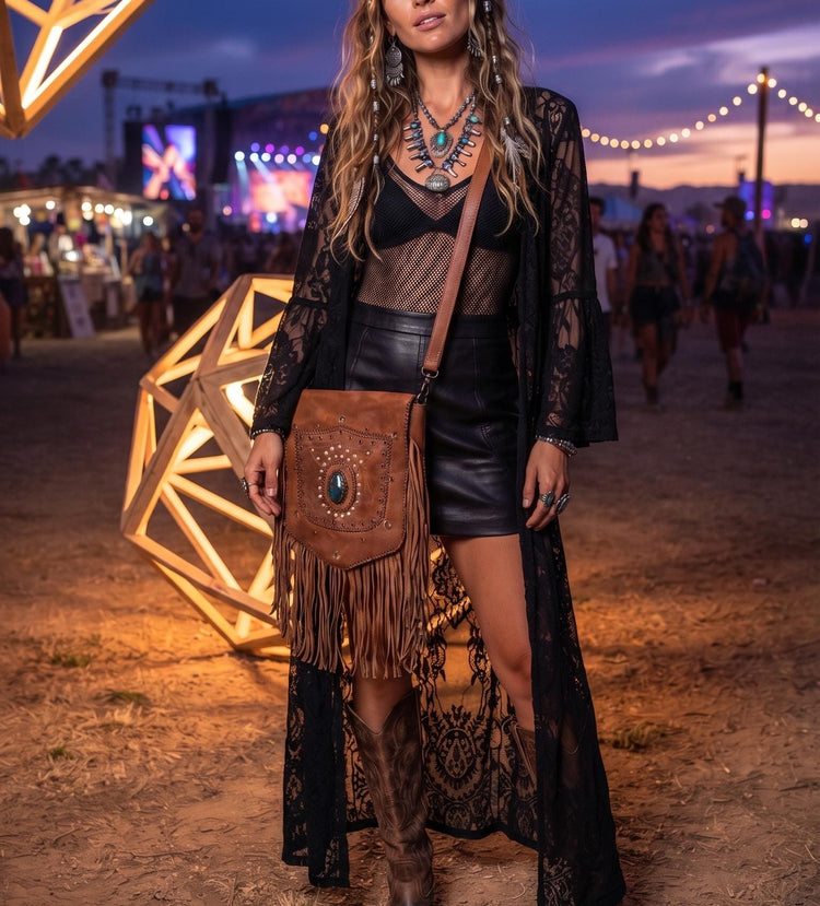 Large Boho Leather Fringe Bag, Brown Leather Crossbody Bag, Labradorite Gemstone Purse, Western Hippie Festival Shoulder Bag, Gift for Her