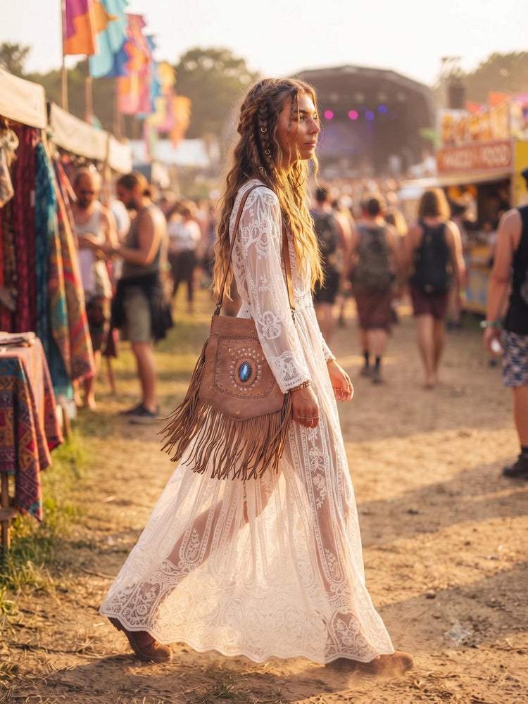 Large Boho Leather Fringe Bag, Brown Leather Crossbody Bag, Labradorite Gemstone Purse, Western Hippie Festival Shoulder Bag, Gift for Her