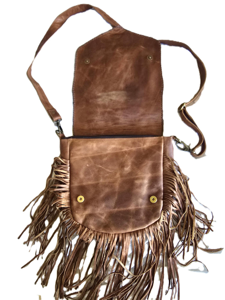 Large Boho Leather Fringe Bag, Brown Leather Crossbody Bag, Labradorite Gemstone Purse, Western Hippie Festival Shoulder Bag, Gift for Her