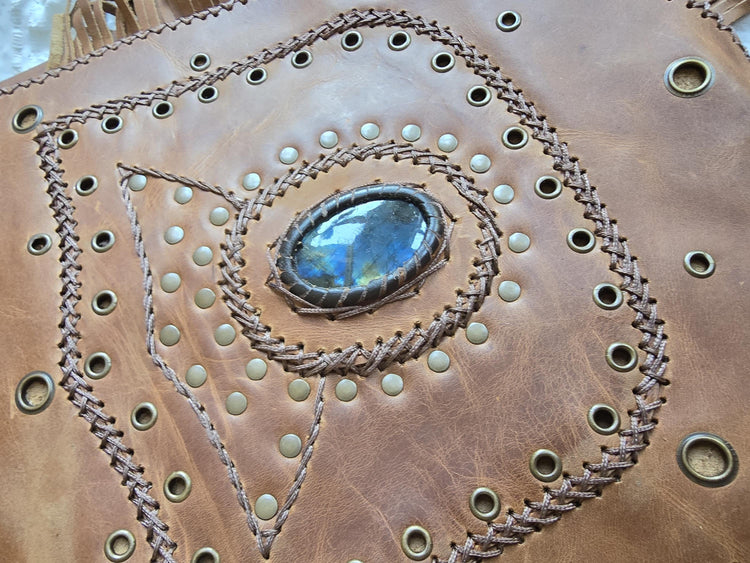 Large Boho Leather Fringe Bag, Brown Leather Crossbody Bag, Labradorite Gemstone Purse, Western Hippie Festival Shoulder Bag, Gift for Her