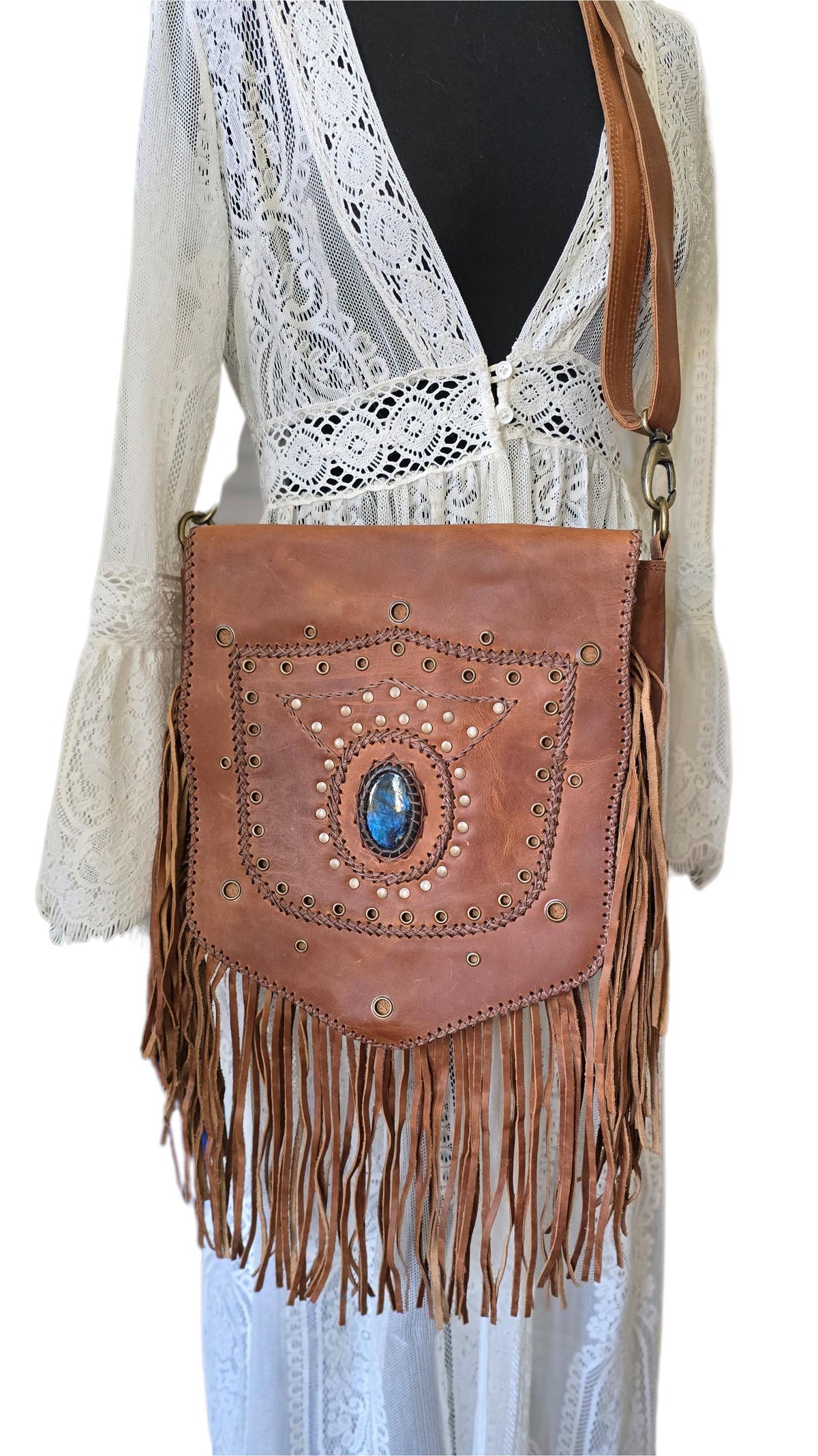 Large Boho Leather Fringe Bag, Brown Leather Crossbody Bag, Labradorite Gemstone Purse, Western Hippie Festival Shoulder Bag, Gift for Her