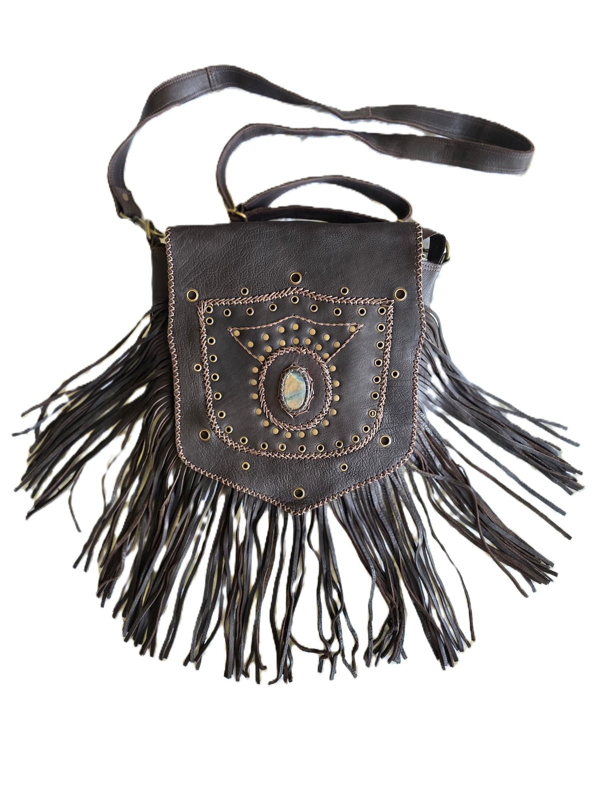 Large Boho Leather Fringe Bag, Brown Leather Crossbody Bag, Labradorite Gemstone Purse, Western Hippie Festival Shoulder Bag, Gift for Her