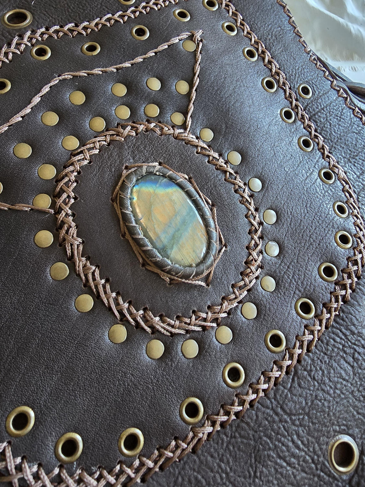 Large Boho Leather Fringe Bag, Brown Leather Crossbody Bag, Labradorite Gemstone Purse, Western Hippie Festival Shoulder Bag, Gift for Her