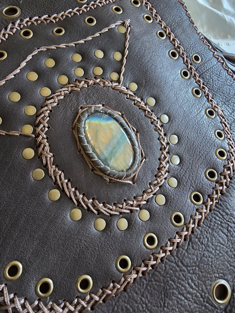 Large Boho Leather Fringe Bag, Brown Leather Crossbody Bag, Labradorite Gemstone Purse, Western Hippie Festival Shoulder Bag, Gift for Her