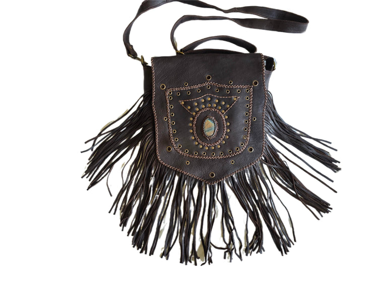 Large Boho Leather Fringe Bag, Brown Leather Crossbody Bag, Labradorite Gemstone Purse, Western Hippie Festival Shoulder Bag, Gift for Her