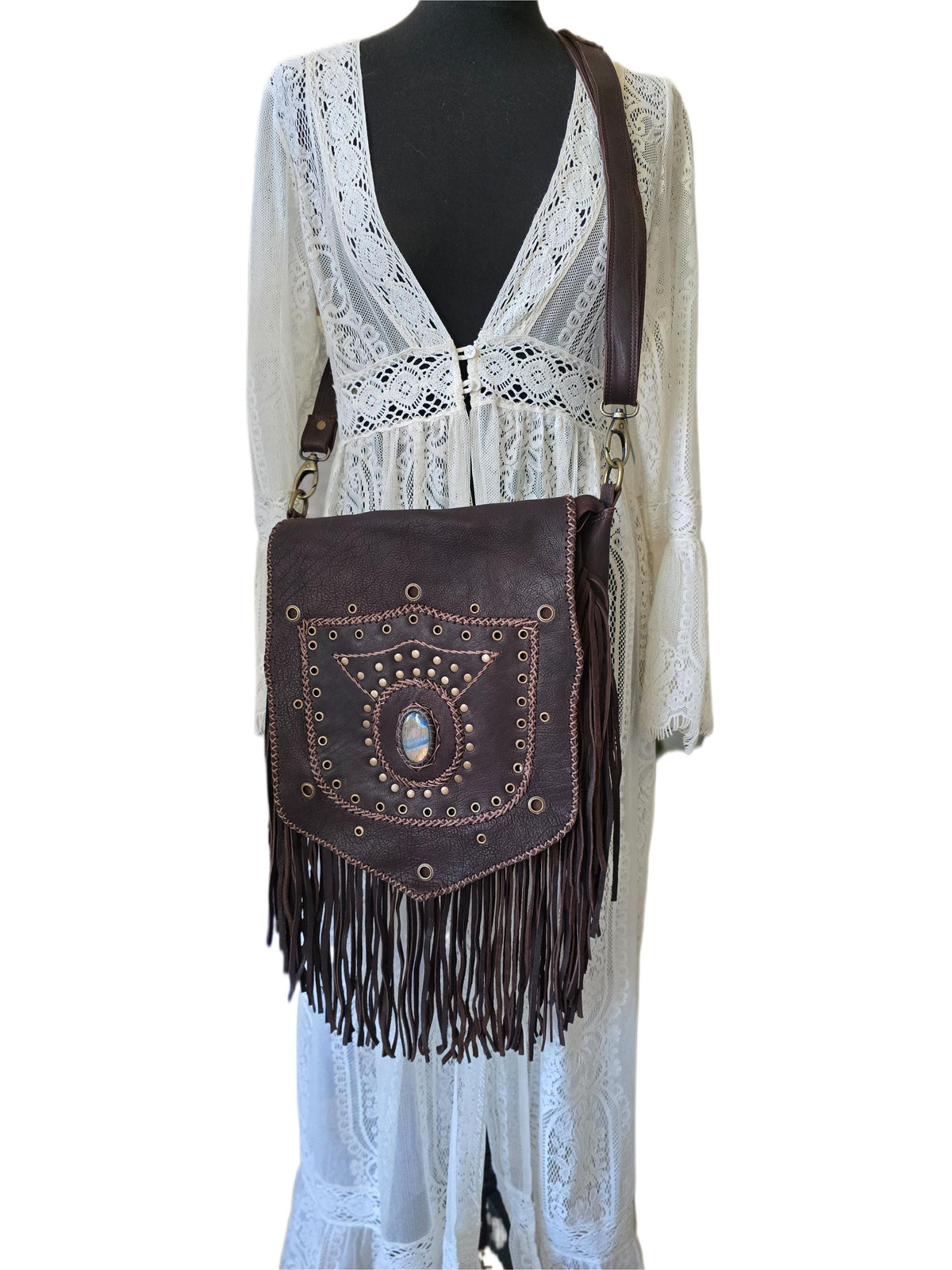 Large Boho Leather Fringe Bag, Brown Leather Crossbody Bag, Labradorite Gemstone Purse, Western Hippie Festival Shoulder Bag, Gift for Her