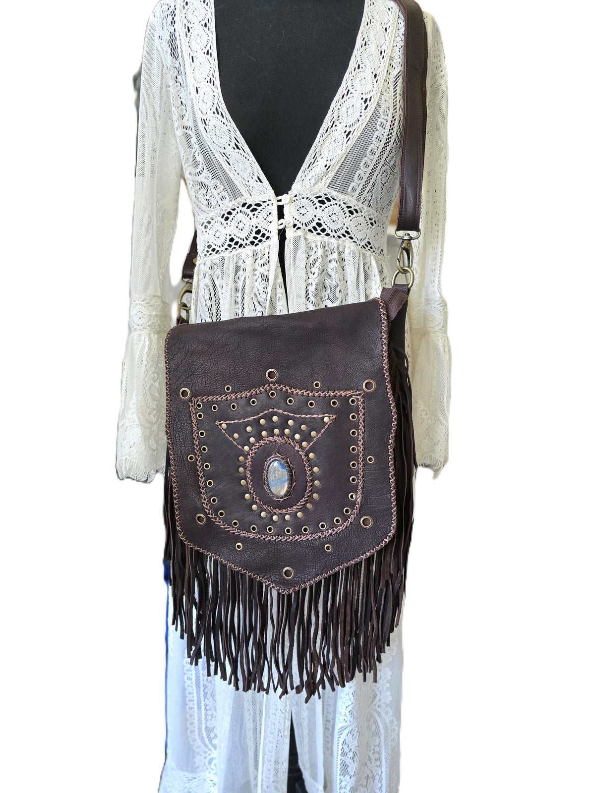 Large Boho Leather Fringe Bag, Brown Leather Crossbody Bag, Labradorite Gemstone Purse, Western Hippie Festival Shoulder Bag, Gift for Her