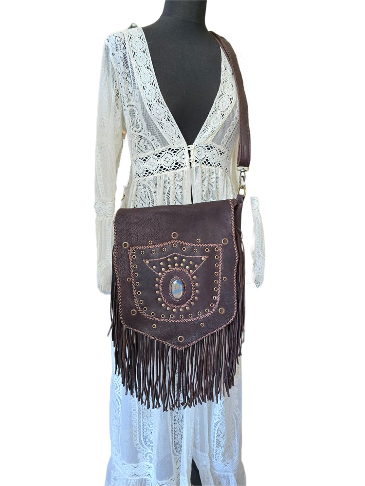 Large Boho Leather Fringe Bag, Brown Leather Crossbody Bag, Labradorite Gemstone Purse, Western Hippie Festival Shoulder Bag, Gift for Her
