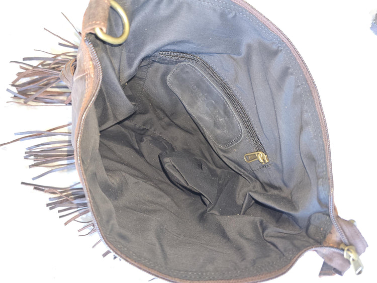 Large Boho Leather Fringe Bag, Brown Leather Crossbody Bag, Labradorite Gemstone Purse, Western Hippie Festival Shoulder Bag, Gift for Her