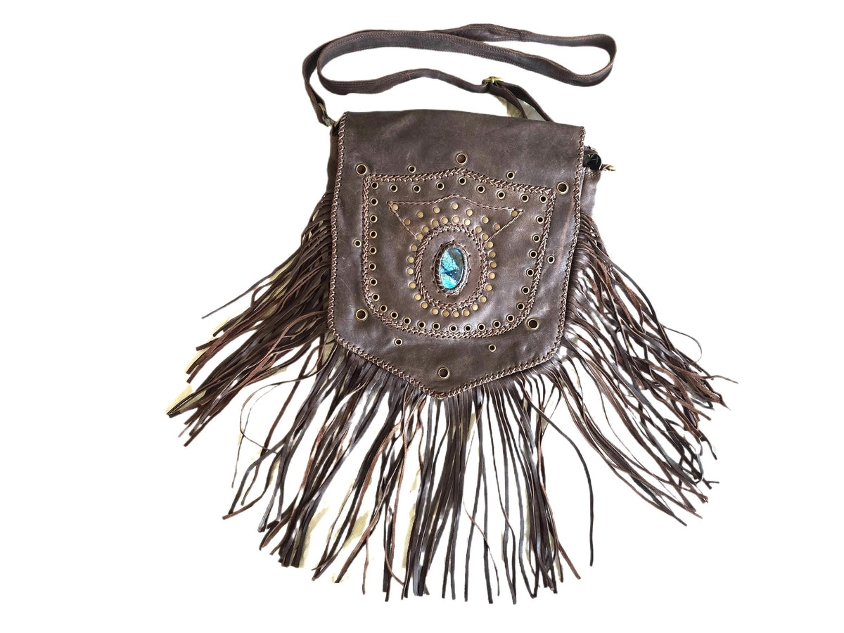 Large Boho Leather Fringe Bag, Brown Leather Crossbody Bag, Labradorite Gemstone Purse, Western Hippie Festival Shoulder Bag, Gift for Her