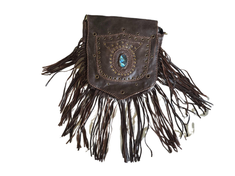 Large Boho Leather Fringe Bag, Brown Leather Crossbody Bag, Labradorite Gemstone Purse, Western Hippie Festival Shoulder Bag, Gift for Her