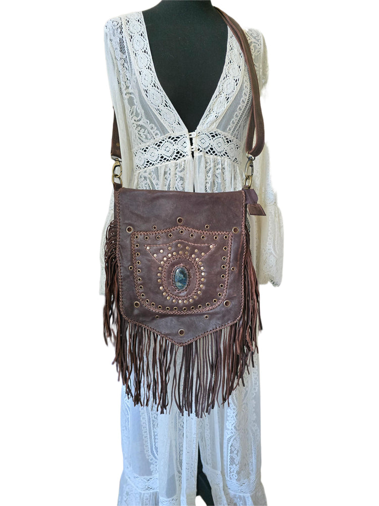 Large Boho Leather Fringe Bag, Brown Leather Crossbody Bag, Labradorite Gemstone Purse, Western Hippie Festival Shoulder Bag, Gift for Her