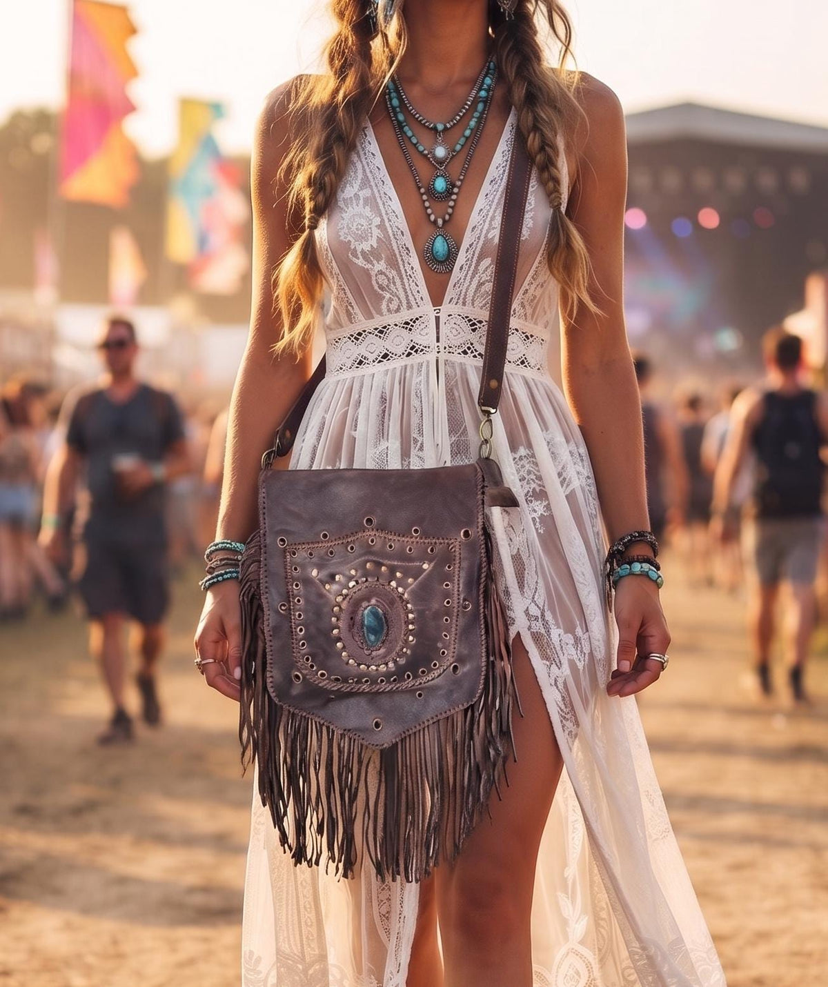 Large Boho Leather Fringe Bag, Brown Leather Crossbody Bag, Labradorite Gemstone Purse, Western Hippie Festival Shoulder Bag, Gift for Her