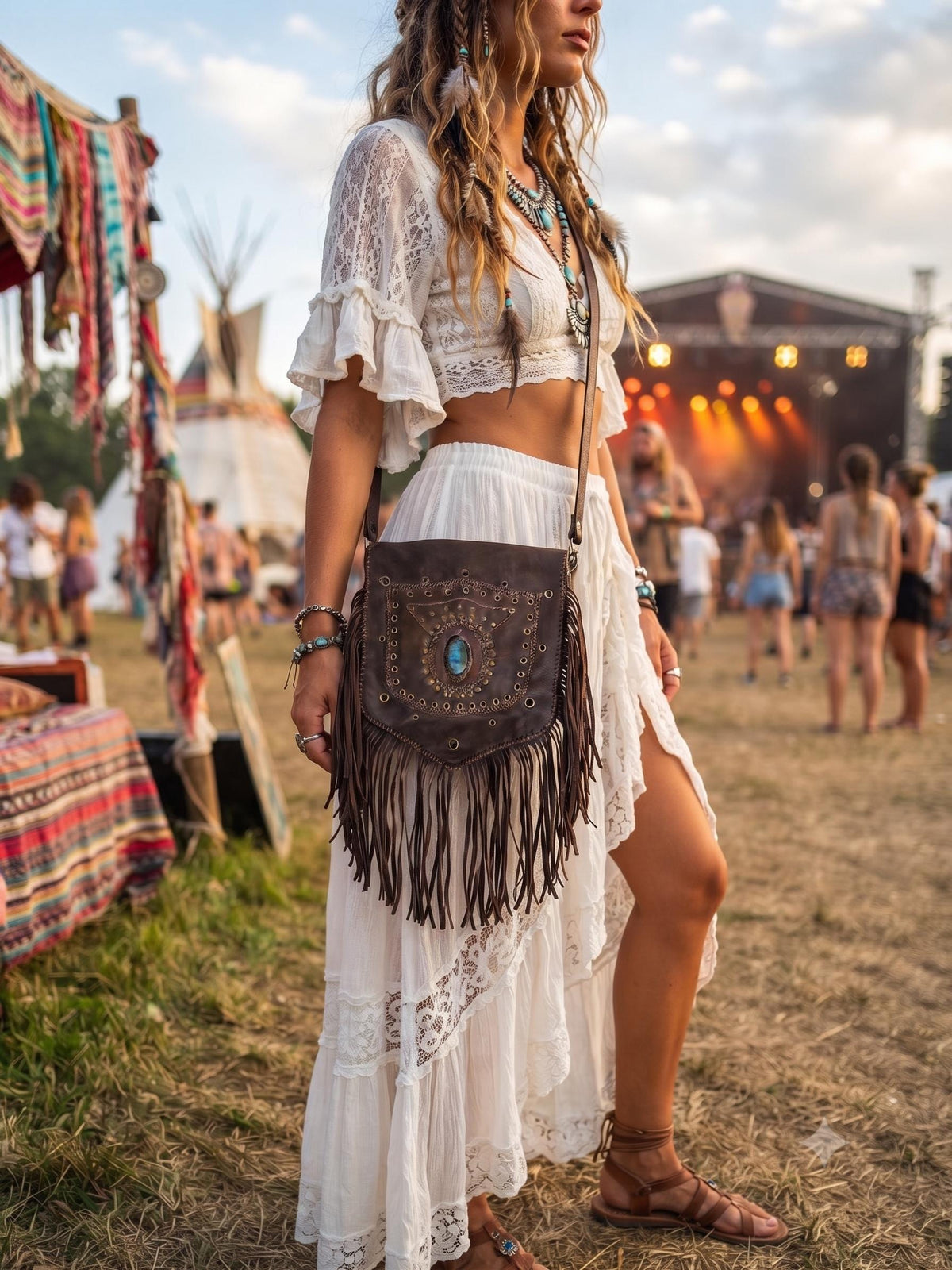 Large Boho Leather Fringe Bag, Brown Leather Crossbody Bag, Labradorite Gemstone Purse, Western Hippie Festival Shoulder Bag, Gift for Her