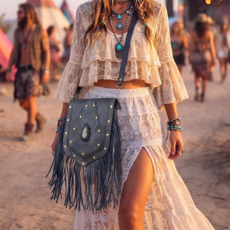 Large Handmade Boho Leather Fringe Bag with Labradorite Gemstone, Hippie Festival Purse