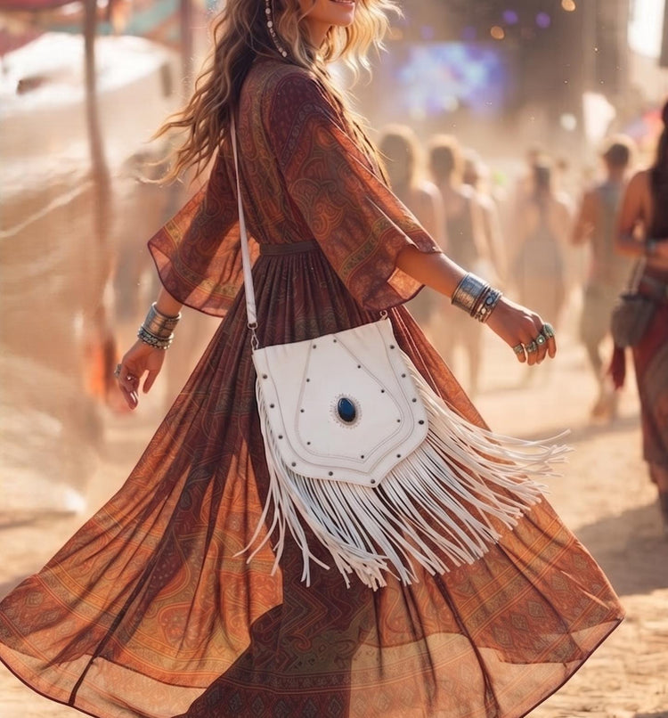 White Leather Fringe Bag with Labradorite Stone, Festival Crossbody Tote, Handmade Boho Statement Purse