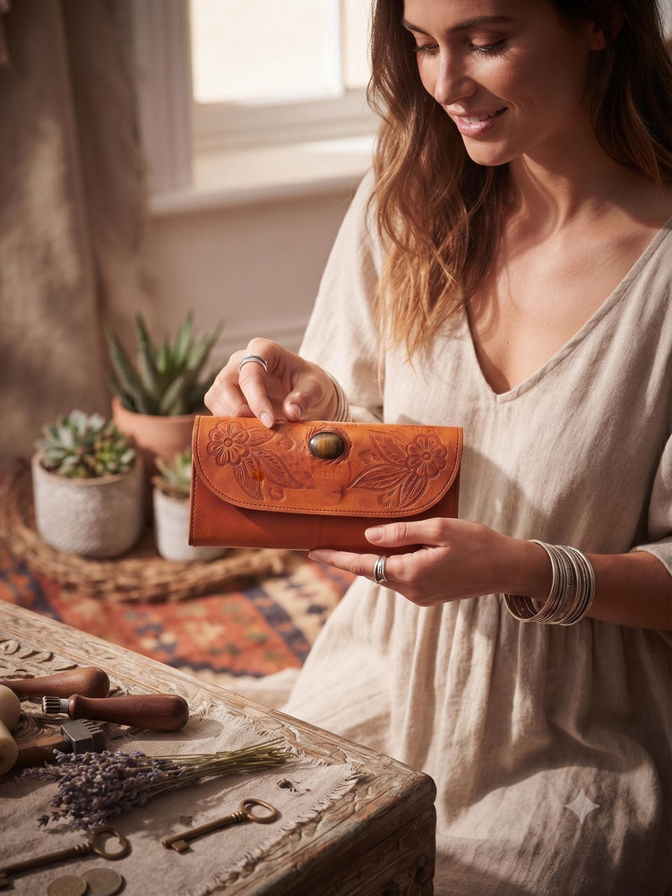 Tooled Leather Wallet Women, Boho Leather Wallet, Floral Trifold Wallet, Tiger Eye Wallet, Handmade Buffalo Leather Purse, Gift for Her
