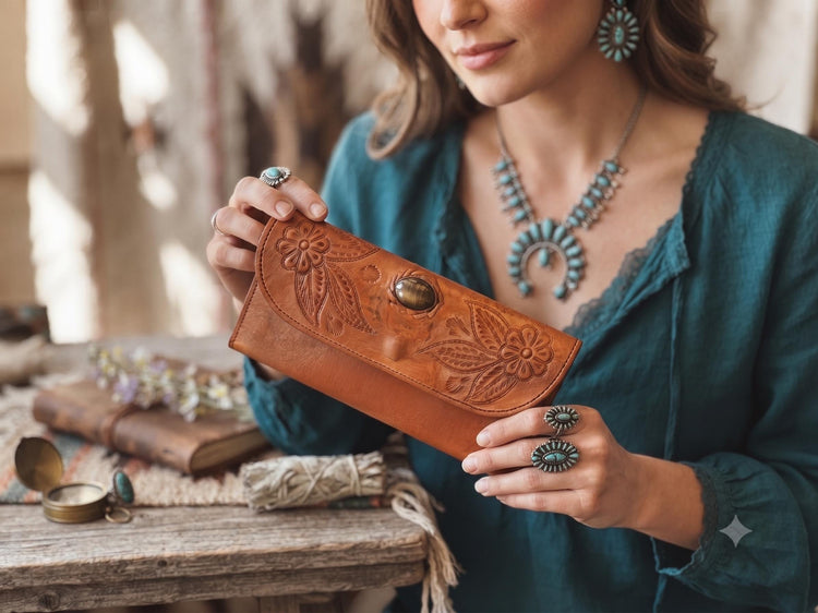 Tooled Leather Wallet Women, Boho Leather Wallet, Floral Trifold Wallet, Tiger Eye Wallet, Handmade Buffalo Leather Purse, Gift for Her