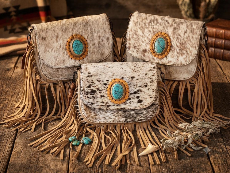 Fringe Cowhide Crossbody Bag, Western Leather Purse, Turquoise Stone Cowgirl Bag, Hair On Hide Handbag, Boho Festival Shoulder Bag