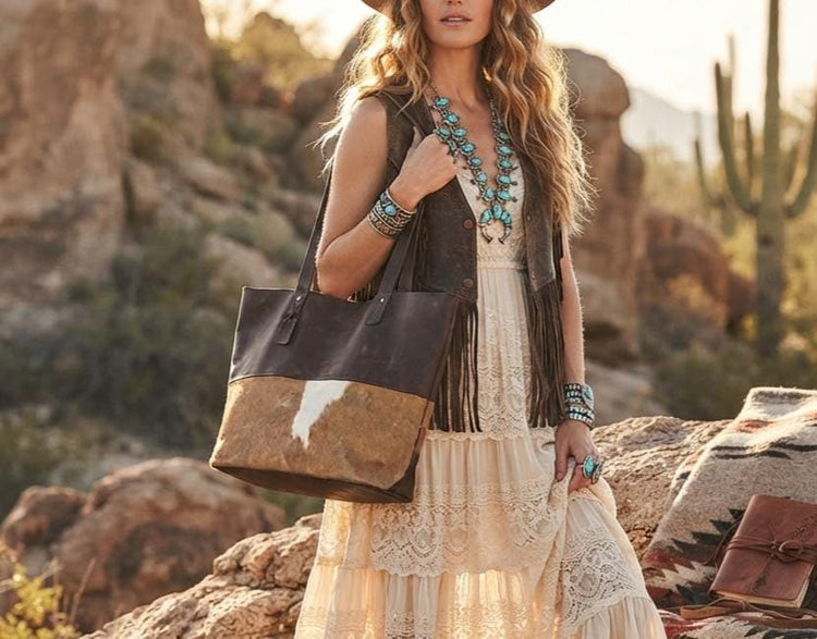 Boho Cowhide Leather Tote Bag, Large Western Shoulder Purse , Hair On Hide Shopper, Handmade Cowgirl Handbag, Festival Hobo Bag