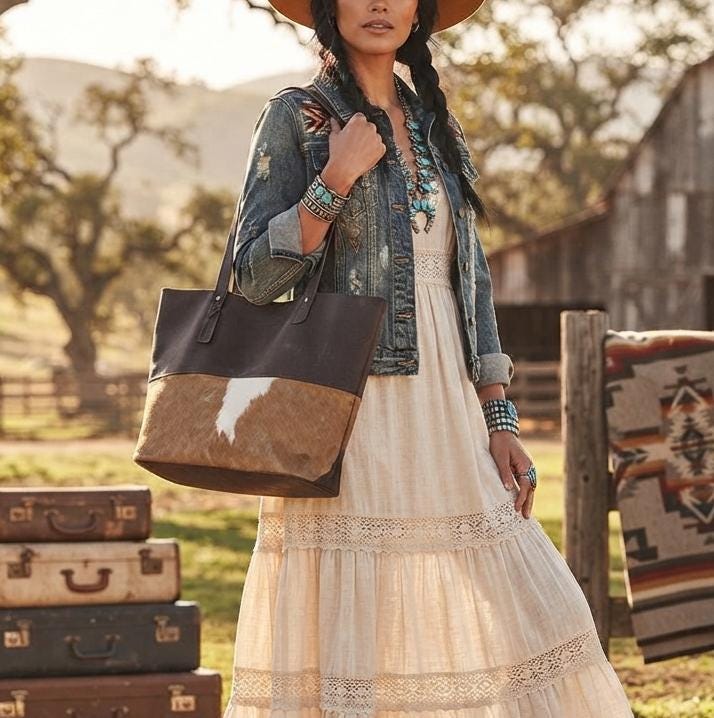 Boho Cowhide Leather Tote Bag, Large Western Shoulder Purse , Hair On Hide Shopper, Handmade Cowgirl Handbag, Festival Hobo Bag