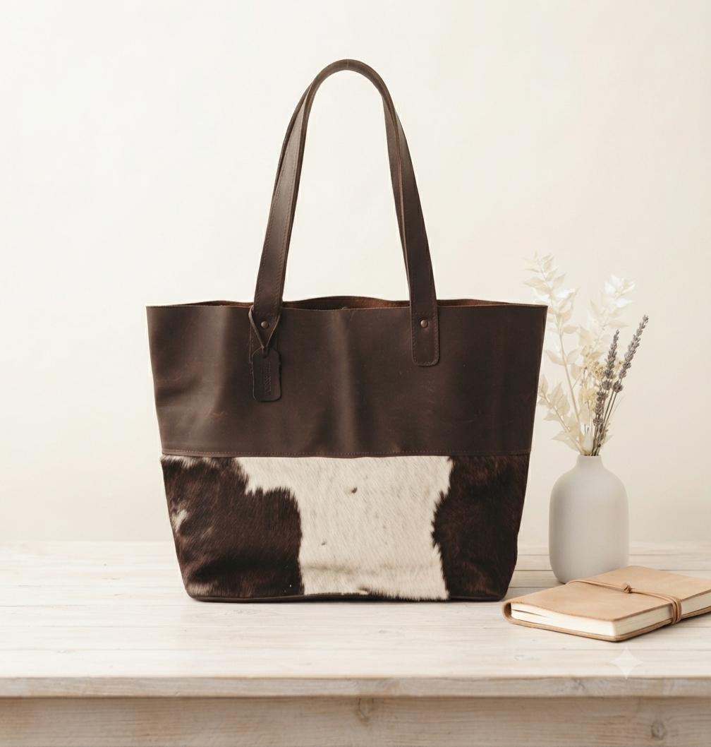 Cowhide & Leather Tote Bag: Oversized Western Shoulder Bag