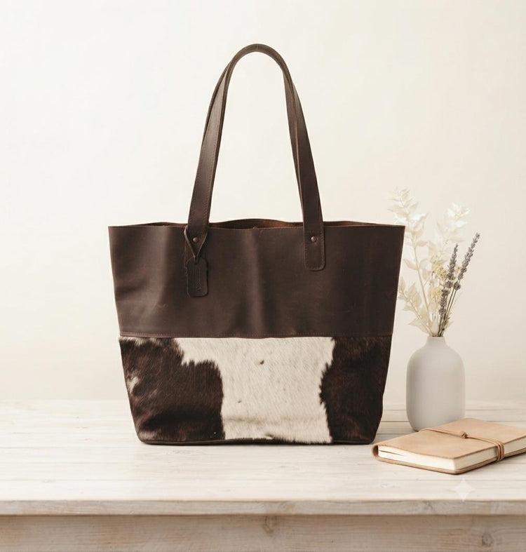 Cowhide & Leather Tote Bag: Oversized Western Shoulder Bag
