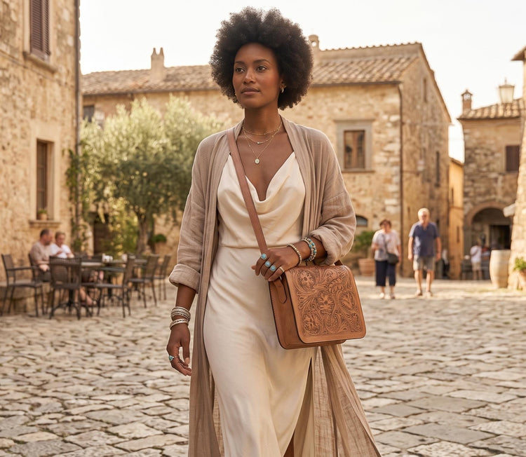 Tooled Leather Crossbody Bag with Floral Embossing – Handmade Western Boho Purse