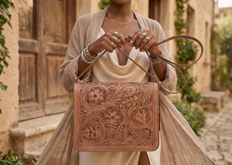 Tooled Leather Crossbody Bag with Floral Embossing – Handmade Western Boho Purse